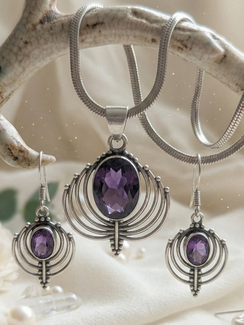 S925 Art Deco Bridgerton Genuine Amethyst Pendant Earring Set Snake Chain 16.5in